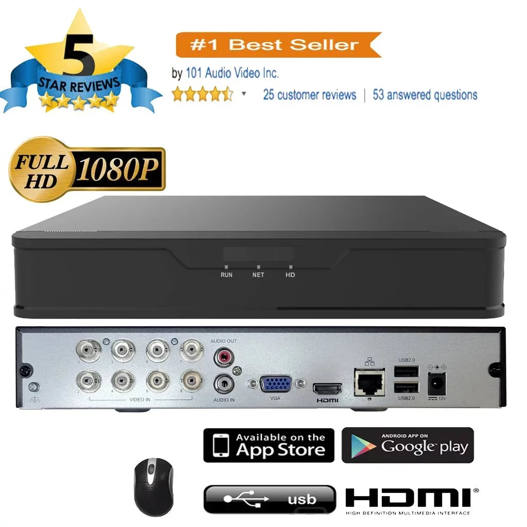 101AV DVR 8 Channels 1TB Hard Drive 4MP/1080P H.265/H.264 Network Video Recorder; No Built-in PoE Ports & WiFi; HDMI/VGA; Mobile APPs for Home/Office; Supports 10 x 4MP IP Cameras