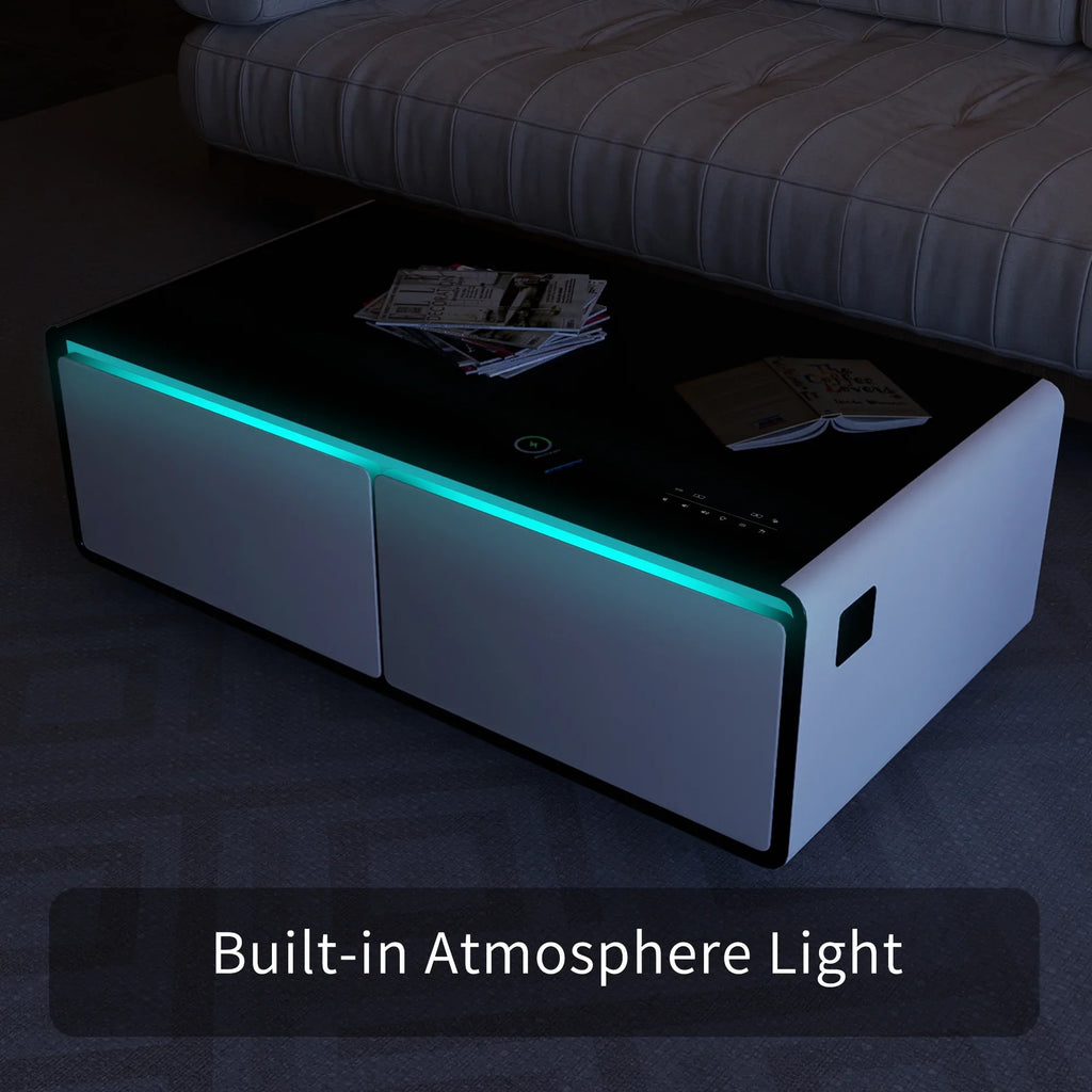 Modern Smart Coffee Table with Built-in Fridge; Bluetooth Speaker; Wireless Charging Module; Touch Control Panel; Power Socket; USB Interface; Outlet Protection; Atmosphere light; White