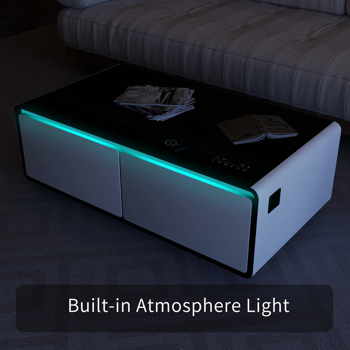 Modern Smart Coffee Table with Built-in Fridge; Bluetooth Speaker; Wireless Charging Module; Touch Control Panel; Power Socket; USB Interface; Outlet Protection; Atmosphere light; White