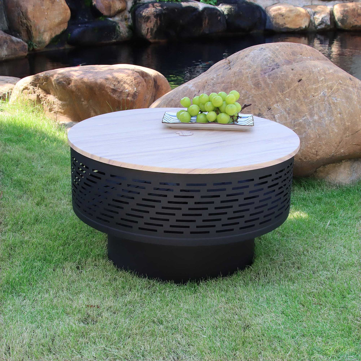 26 inch outdoor portable fire pit table with grill and lid; featuring barbecue; dining table; and campfire functions