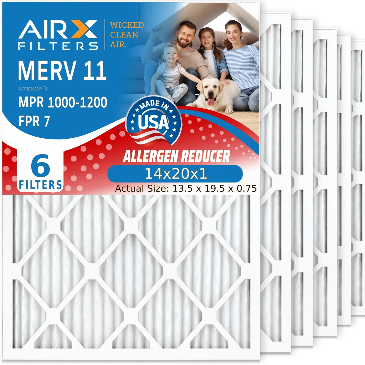 14x20x1 Air Filter MERV 11 Comparable to MPR 1000; MPR 1200 & FPR 7 Electrostatic Pleated Air Conditioner Filter 6 Pack HVAC Premium USA Made 14x20x1 Furnace Filters by AIRX FILTERS WICKED CLEAN AIR.