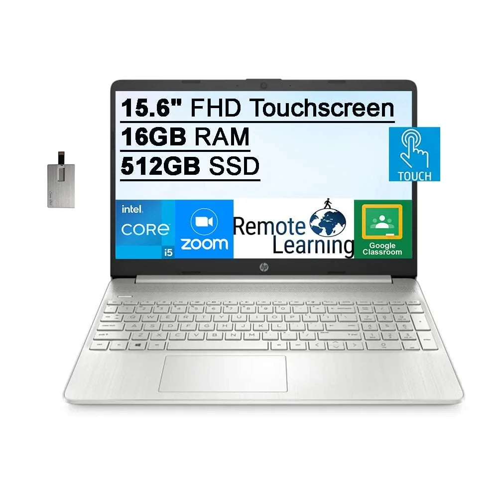 2021 HP 15.6" FHD IPS Touchscreen Laptop Computer; Intel Core i5-1135G7 (Beats i7-1065g7); 16GB RAM; 512GB SSD; Intel Iris Xe graphics; HD Webcam; HD Audio; Windows 11S; Silver; 32GB SnowBell USB Card