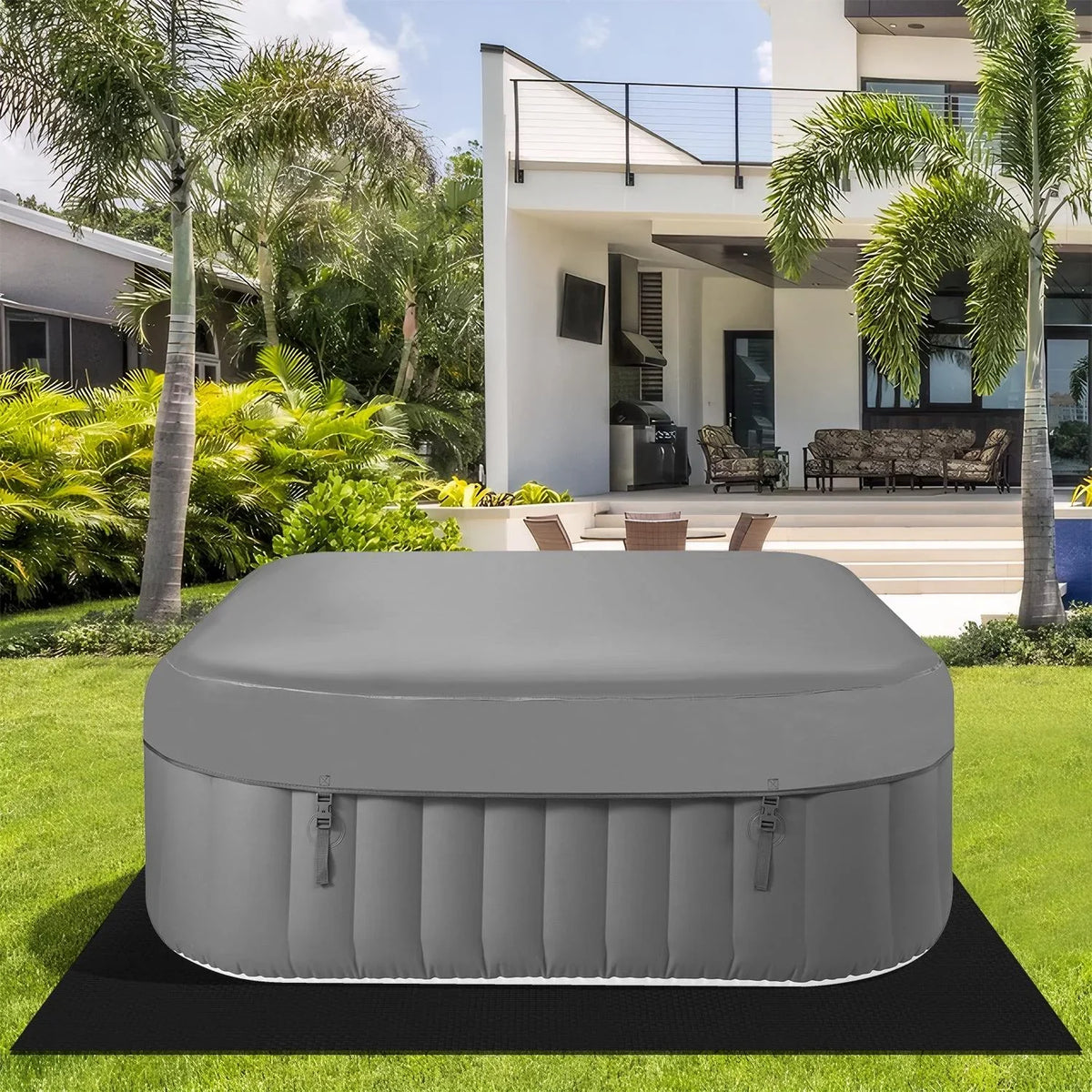 73''Inflatable Hot Tub; Outdoor Hot Tub for 6 Person Indoor Home Spa with Hidden Device; 130 Massage Jets; Lockable Cover; Storage Bag; Mat; Max 104℉; 910L Capacity