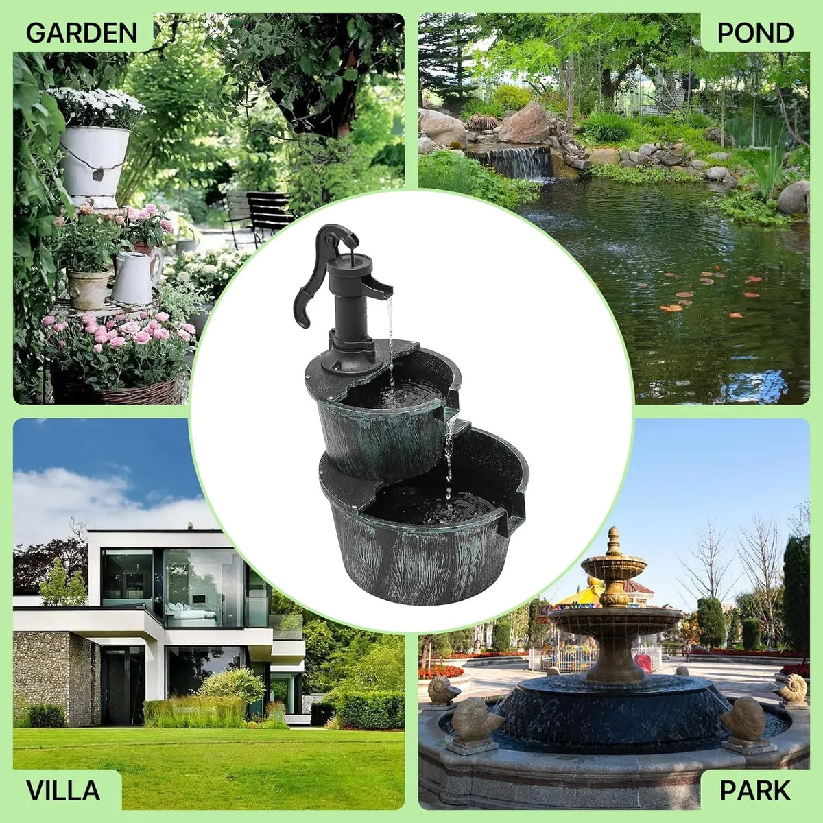 2-Tier Outdoor Fountain Freestanding Rustic Cascading Fluidfall Fountain With Powered Pump For Garden Patio Backyard Porch Decor; Teal Blue