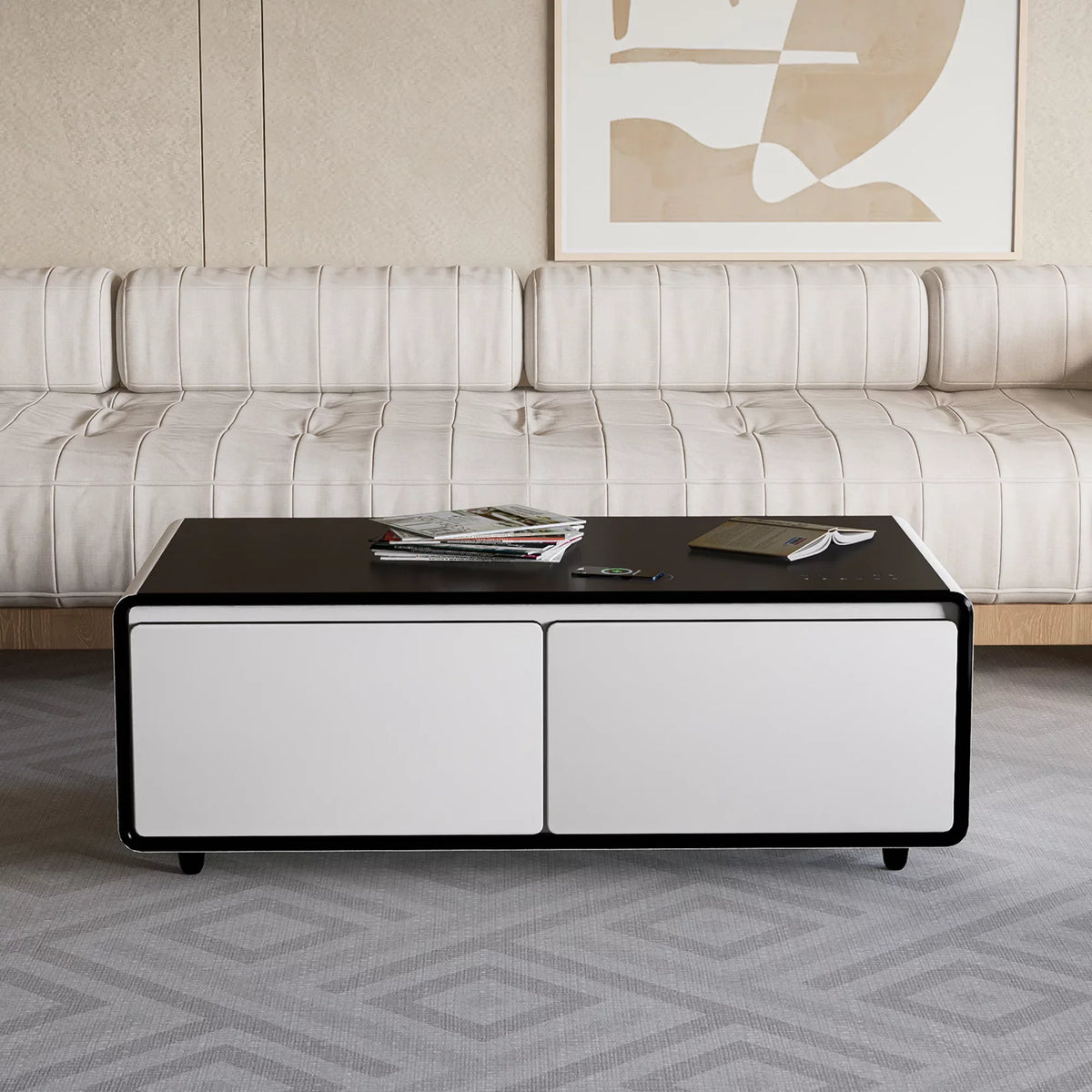 Modern Smart Coffee Table with Built-in Fridge; Bluetooth Speaker; Wireless Charging Module; Touch Control Panel; Power Socket; USB Interface; Outlet Protection; Atmosphere light; White