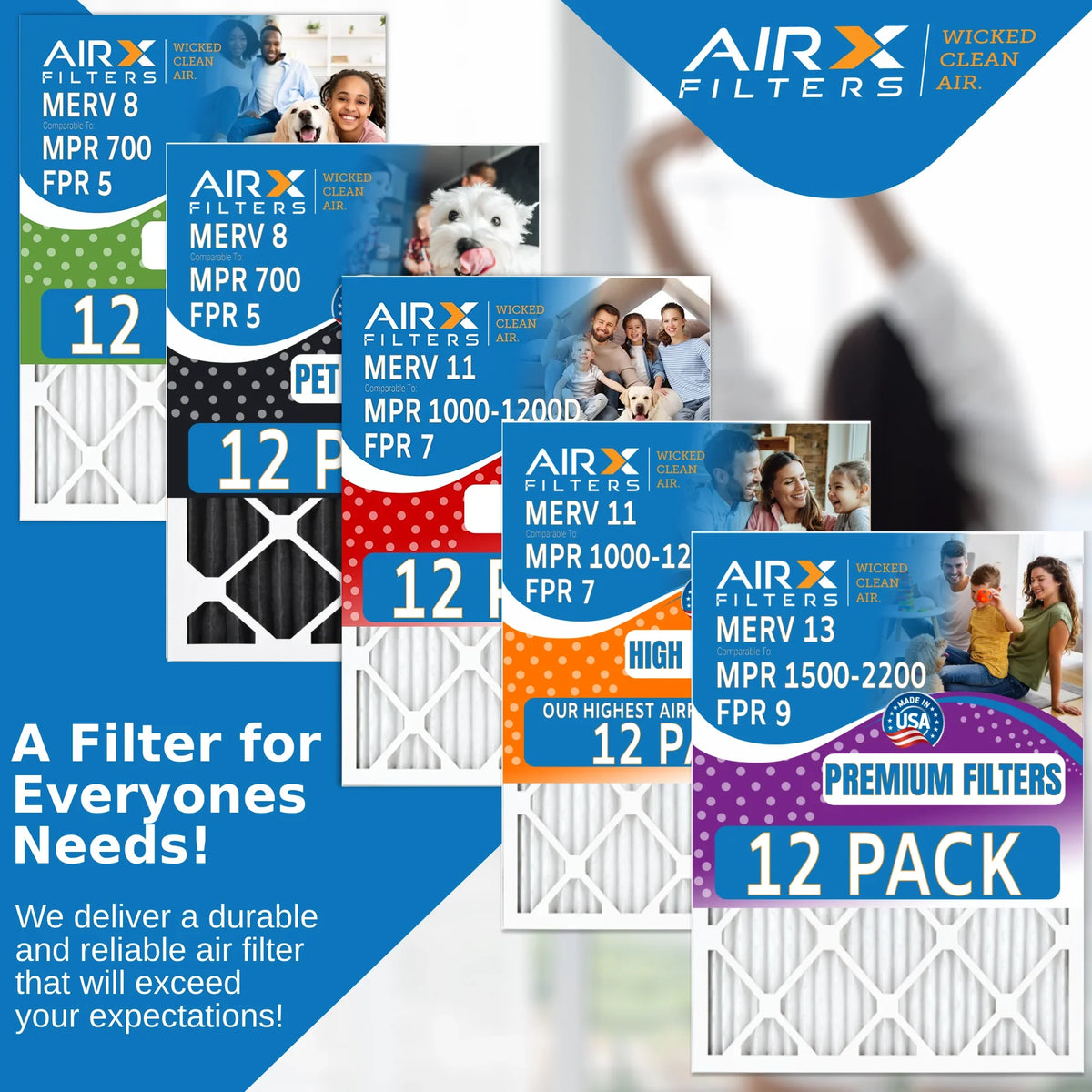 14x25x1 Air Filter MERV 8 Rating; 12 Pack of Furnace Filters Comparable to MPR 700 & FPR 5 - Made in USA by AIRX FILTERS WICKED CLEAN AIR.