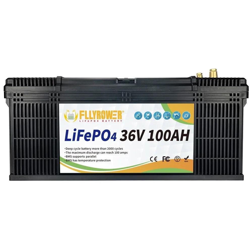 LifePo4 Battery 36v 100Ah Deep Cycles Lithium Battery with Perfect BMS Grade A Cells for Trolling Motor Golf Carts RV Solar Panels Off Grid Applications Support Series and Parallel Second-hand Goods