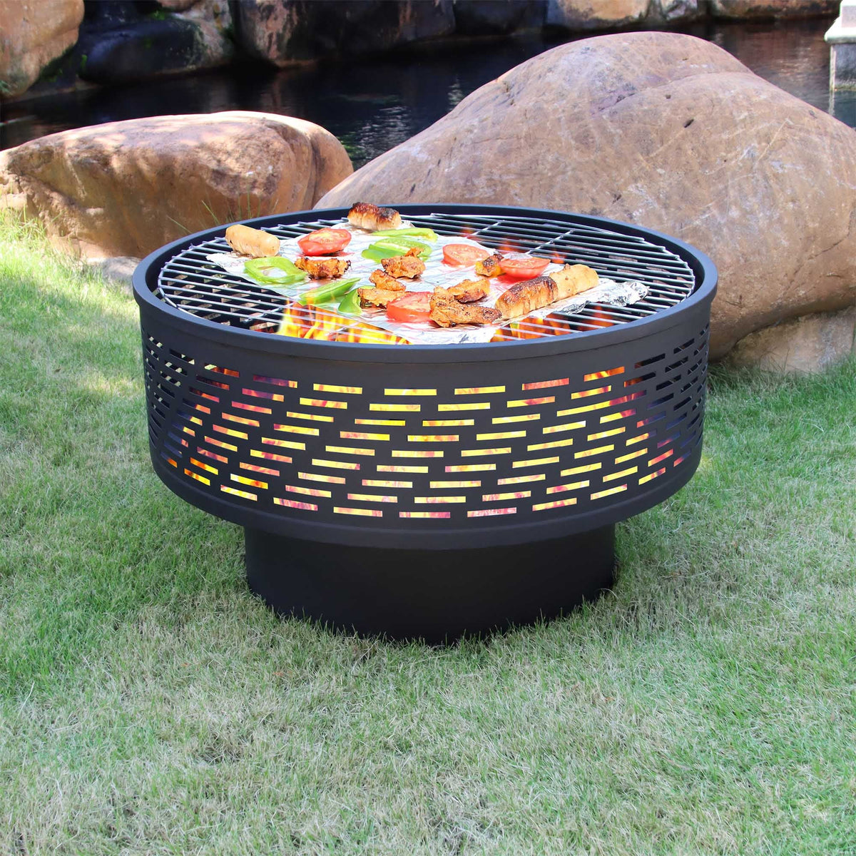 26 inch outdoor portable fire pit table with grill and lid; featuring barbecue; dining table; and campfire functions