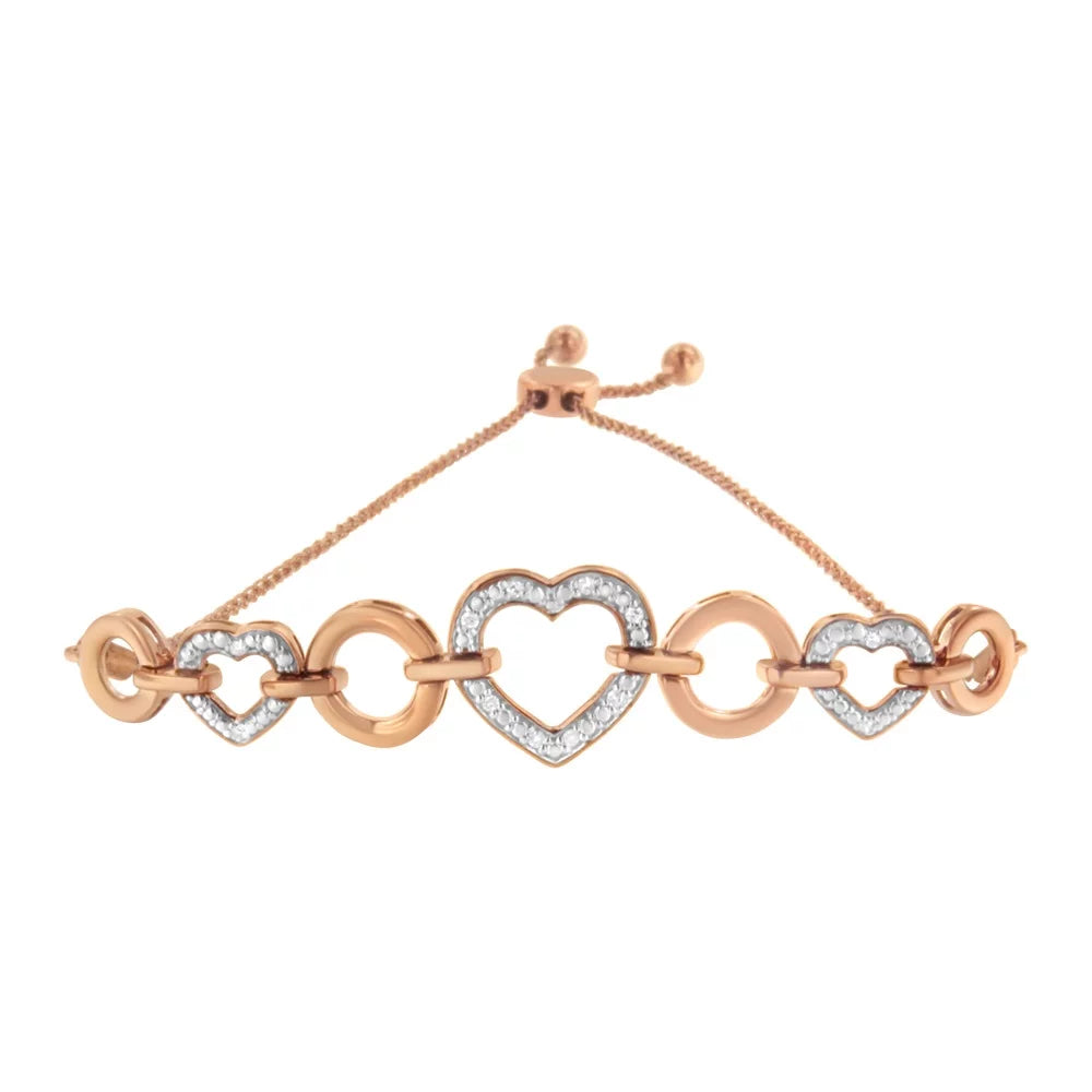 14K Rose Gold Plated .925 Sterling Silver Diamond Accent Circle and Heart Link Adjustable 6”-10” Bolo Bracelet (I-J Color; I3 Clarity)