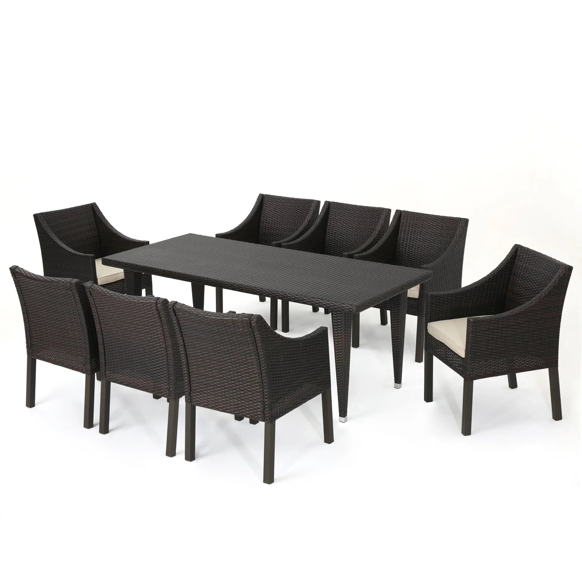Noble House Arcadia Outdoor 9 Piece Wicker Rectangular Dining Set with Cushions; Multibrown; Beige