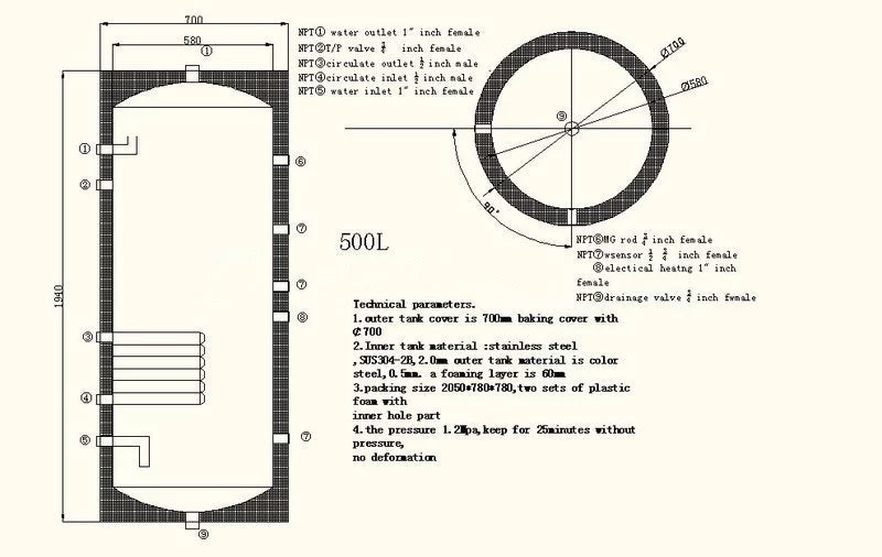 500 Liter 132 Gallon Stainless Steel Solar Hot Heater Tank Single Copper Coil Heat Exchanger