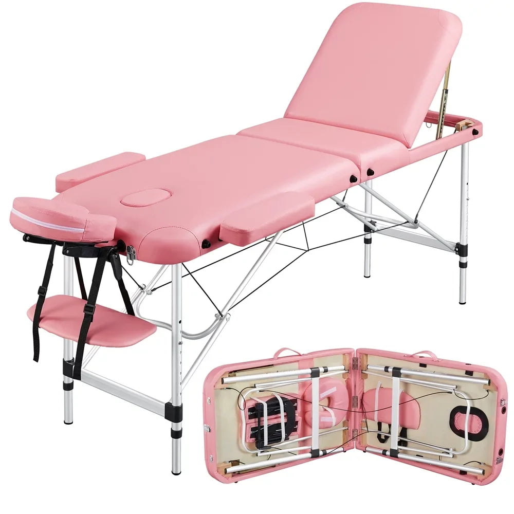 Yaheetech 84'' Adjustable Massage Bed; Massage Equipment; 3-Fold Massage Couch; Portable Salon Bed Alloy Spa Table with Backrest/Headrest/Armrest/Hand Pallet; Pink