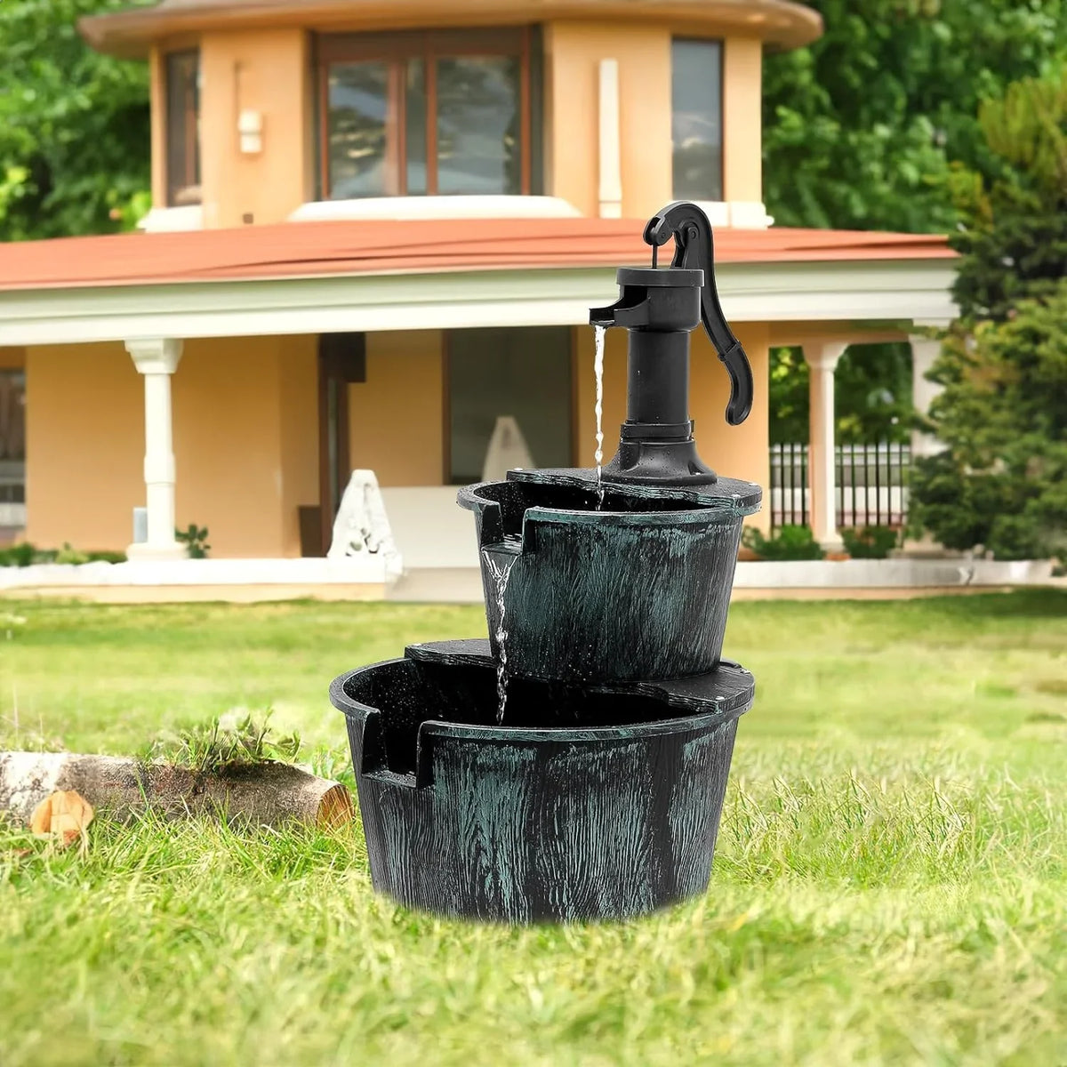 2-Tier Outdoor Fountain Freestanding Rustic Cascading Fluidfall Fountain With Powered Pump For Garden Patio Backyard Porch Decor; Teal Blue