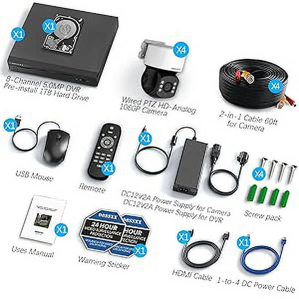 (360° PTZ Digital Zoom) Wired Security Camera System Outdoor Home Video Surveillance Cameras CCTV Camera Security System Outside Surveillance Video Equipment Indoor