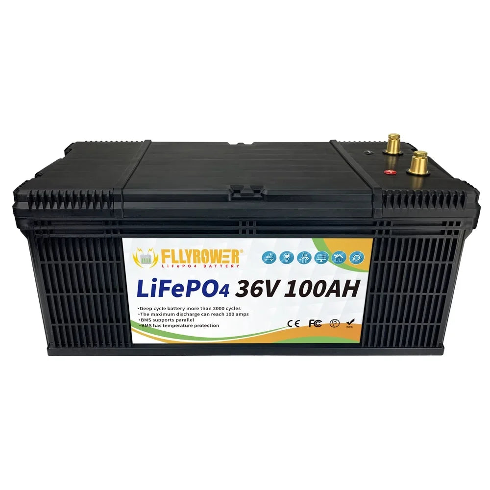 LifePo4 Battery 36v 100Ah Deep Cycles Lithium Battery with Perfect BMS Grade A Cells for Trolling Motor Golf Carts RV Solar Panels Off Grid Applications Support Series and Parallel Second-hand Goods