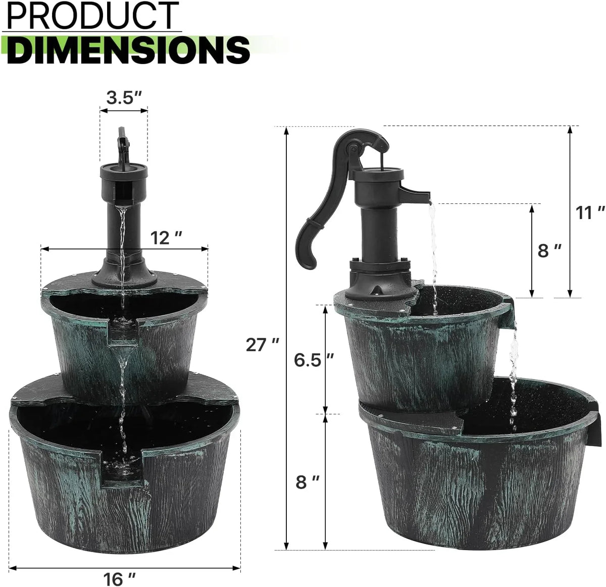 2-Tier Outdoor Fountain Freestanding Rustic Cascading Fluidfall Fountain With Powered Pump For Garden Patio Backyard Porch Decor; Teal Blue