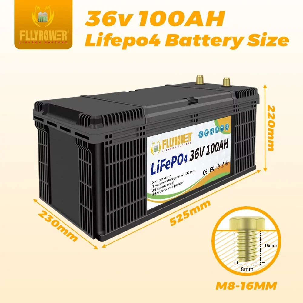 LifePo4 Battery 36v 100Ah Deep Cycles Lithium Battery with Perfect BMS Grade A Cells for Trolling Motor Golf Carts RV Solar Panels Off Grid Applications Support Series and Parallel Second-hand Goods