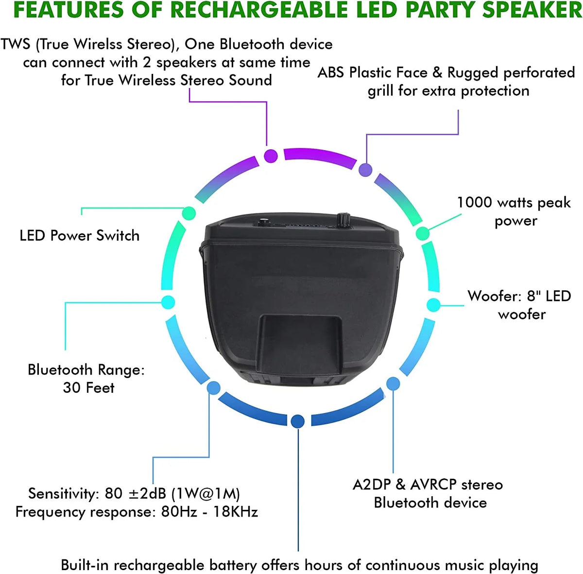 8 cm Portable 500 Watts Bluetooth Speaker W/Woofer & Tweeter W/Digital Processing; XLR To 1/4" For Karaoke (Black; Speaker)