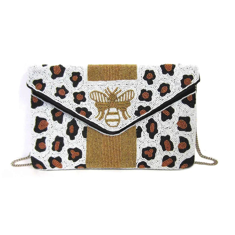 Bee B-Spark Leopard Print Beaded Clutch Crossbody; Multi