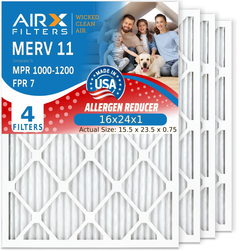 16x24x1 Air Filter MERV 11 Comparable to MPR 1000; MPR 1200 & FPR 7 Electrostatic Pleated Air Conditioner Filter 4 Pack HVAC Premium USA Made 16x24x1 Furnace Filters by AIRX FILTERS WICKED CLEAN AIR.