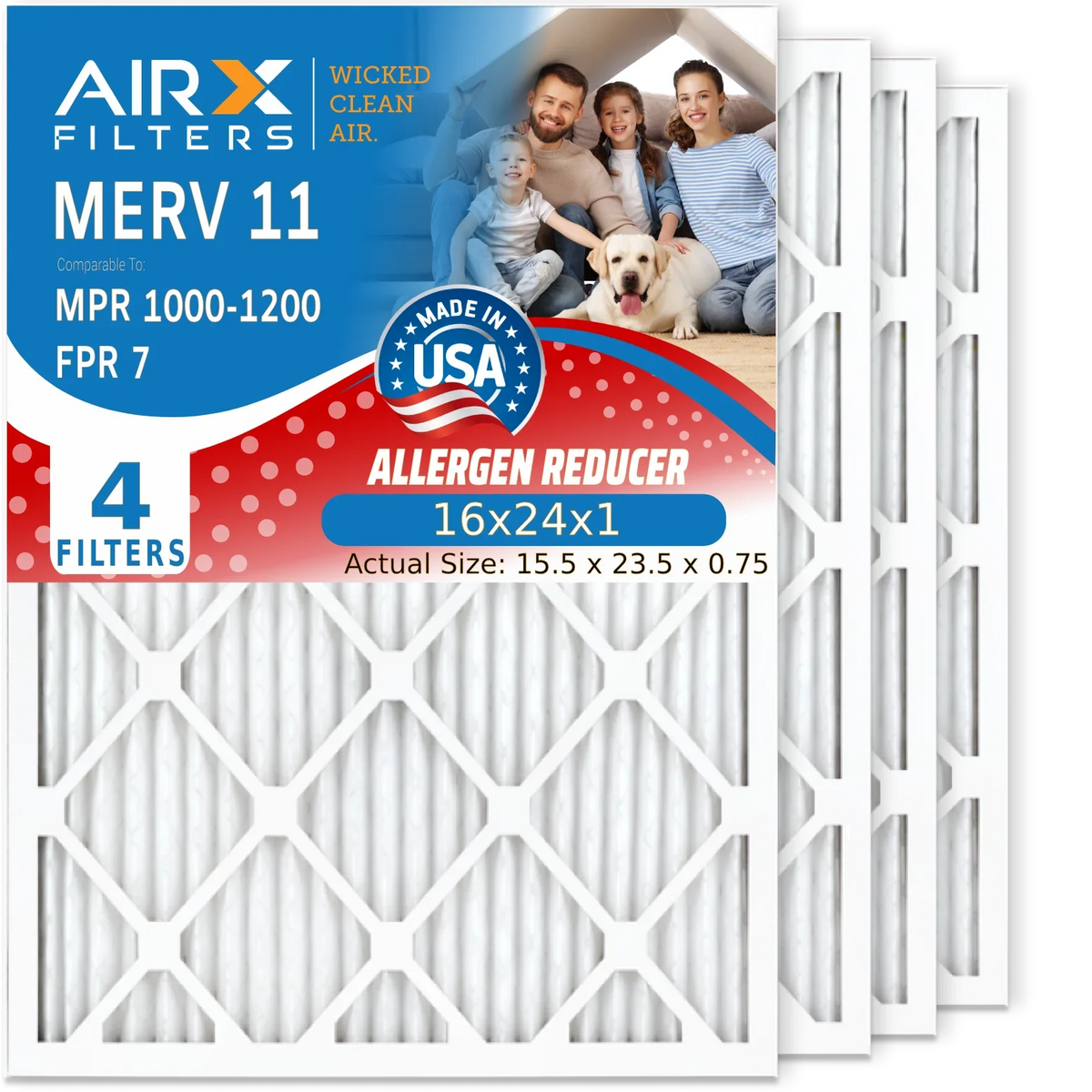 16x24x1 Air Filter MERV 11 Comparable to MPR 1000; MPR 1200 & FPR 7 Electrostatic Pleated Air Conditioner Filter 4 Pack HVAC Premium USA Made 16x24x1 Furnace Filters by AIRX FILTERS WICKED CLEAN AIR.