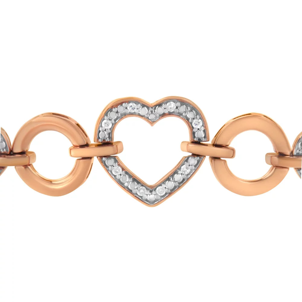 14K Rose Gold Plated .925 Sterling Silver Diamond Accent Circle and Heart Link Adjustable 6”-10” Bolo Bracelet (I-J Color; I3 Clarity)