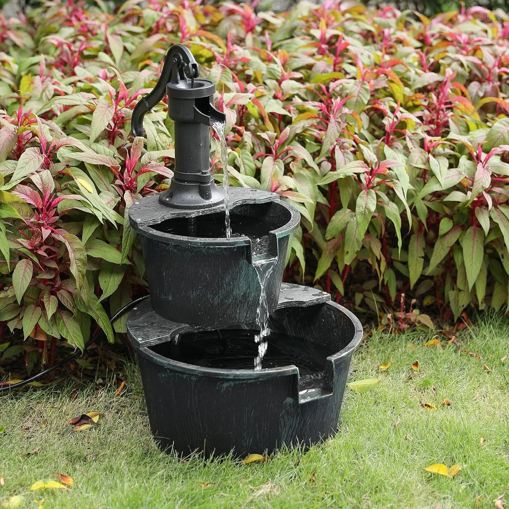 2-Tier Outdoor Fountain Freestanding Rustic Cascading Fluidfall Fountain With Powered Pump For Garden Patio Backyard Porch Decor; Teal Blue