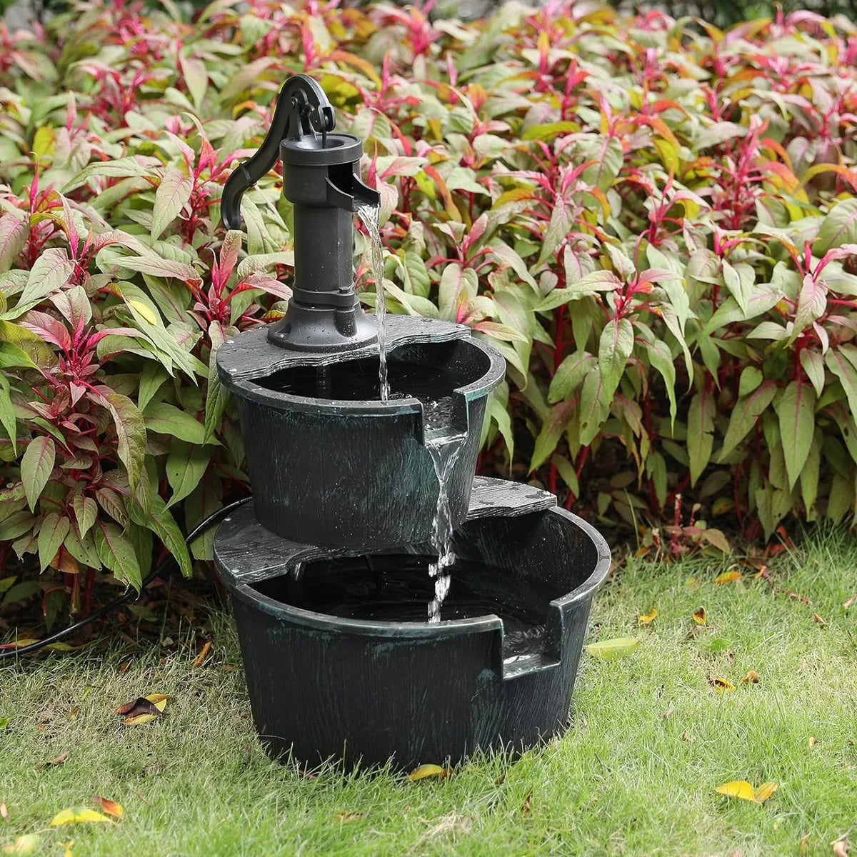 2-Tier Outdoor Fountain Freestanding Rustic Cascading Fluidfall Fountain With Powered Pump For Garden Patio Backyard Porch Decor; Teal Blue