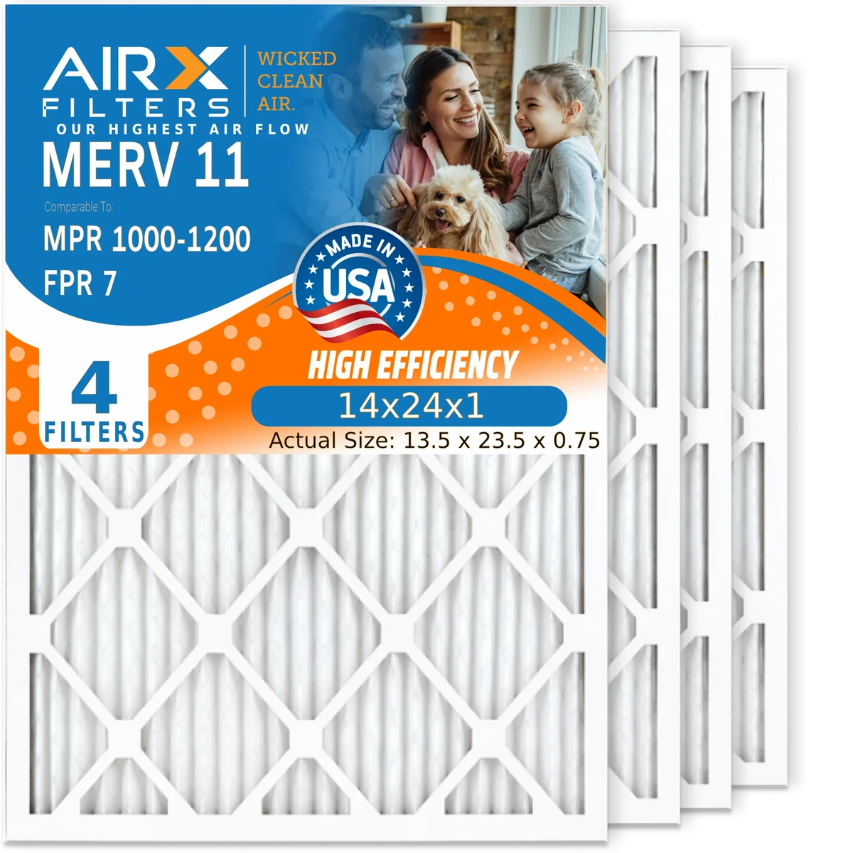 14x24x1 Air Filter MERV 11 Comparable to MPR 1000; MPR 1200 & FPR 7 Electrostatic Pleated Air Conditioner Filter 4 Pack HVAC Premium USA Made 14x24x1 Furnace Filters by AIRX FILTERS WICKED CLEAN AIR.