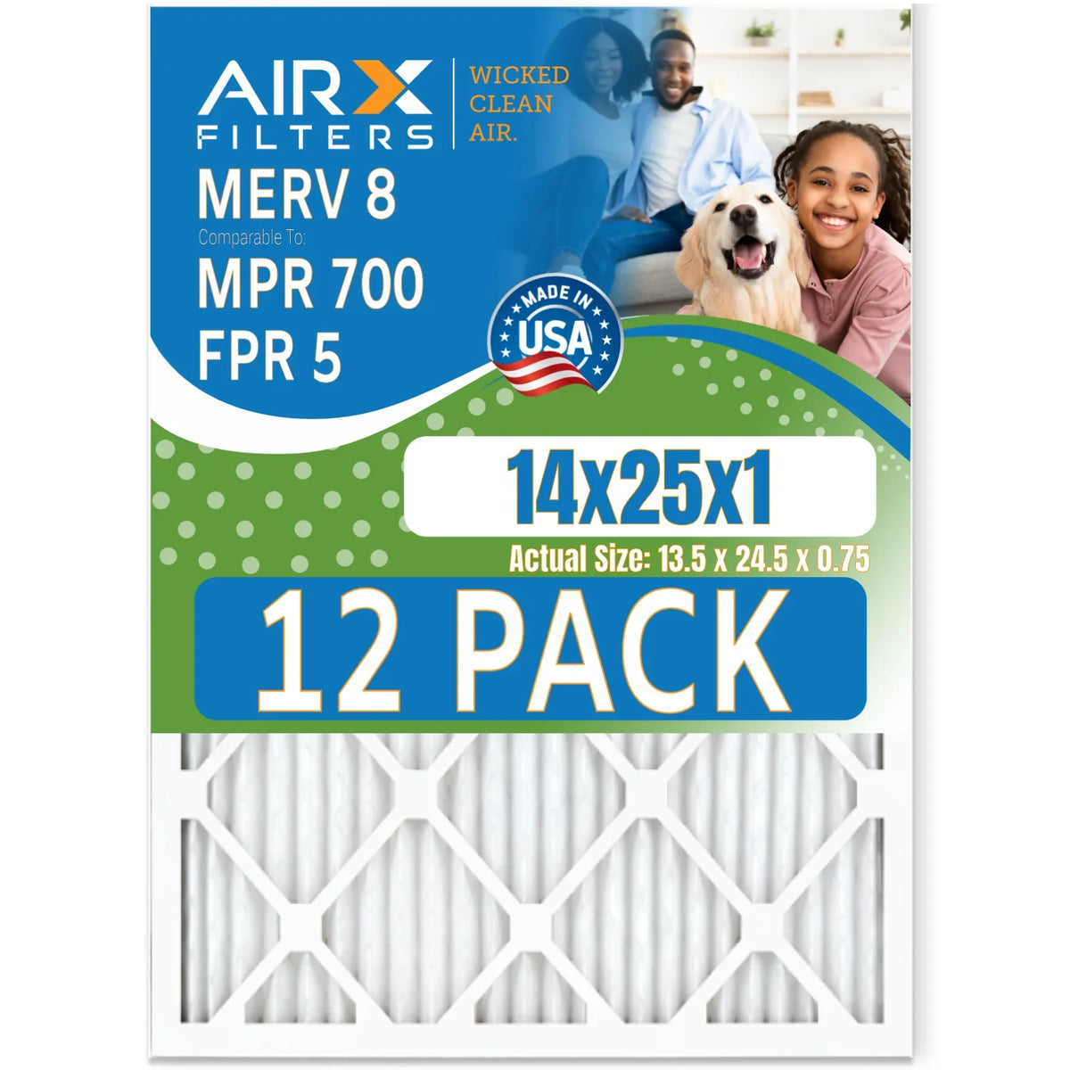 14x25x1 Air Filter MERV 8 Rating; 12 Pack of Furnace Filters Comparable to MPR 700 & FPR 5 - Made in USA by AIRX FILTERS WICKED CLEAN AIR.